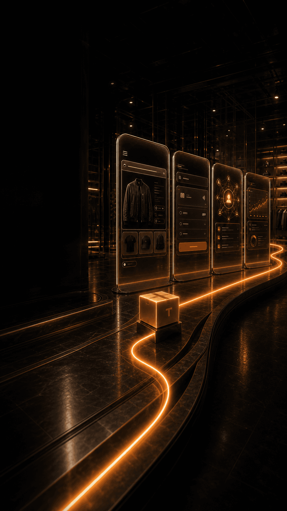 Four connected TeraCart commerce portals in a cinematic retail chamber